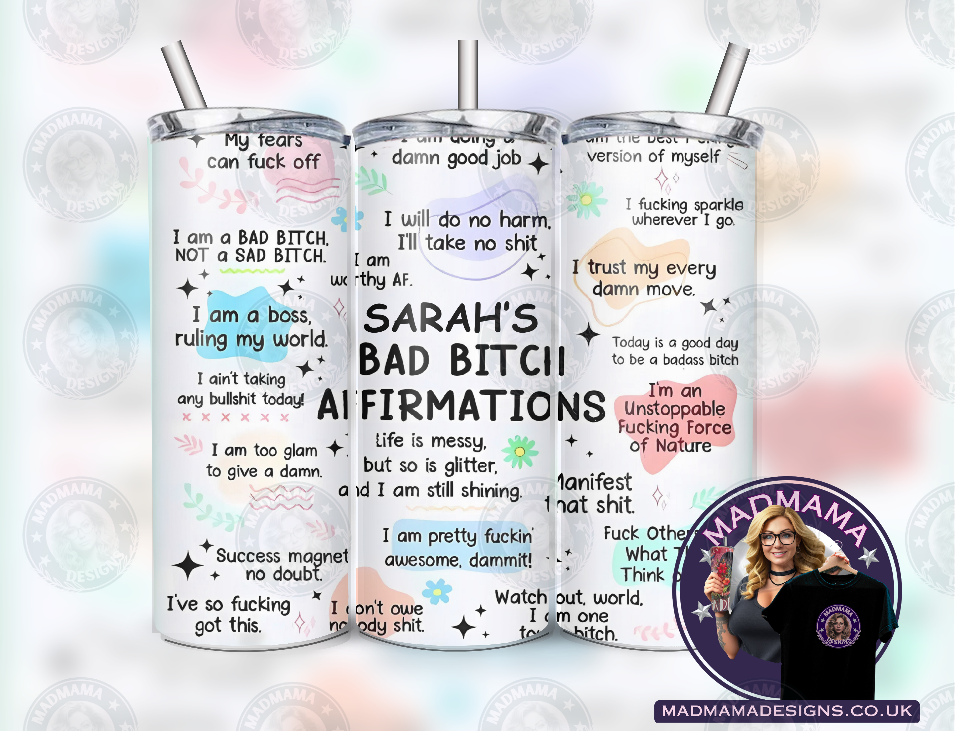 Personalised Bad Bitch Affirmations 20oz Insulated Tumbler Hot Cold boxed gift