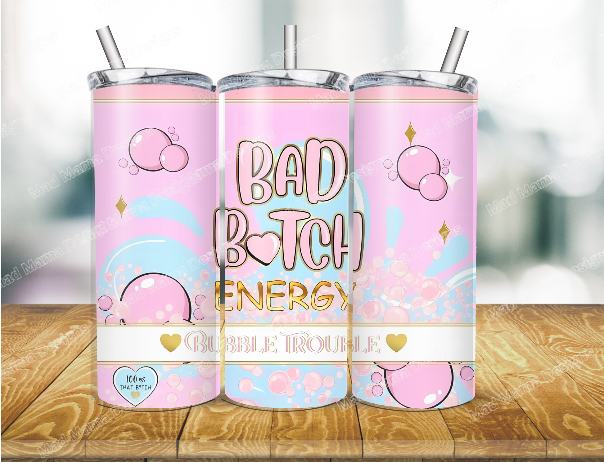 Bubble Trouble Bad Bitch 20 oz insulated Hot Cold Tumbler Boxed Gift Straw Energy