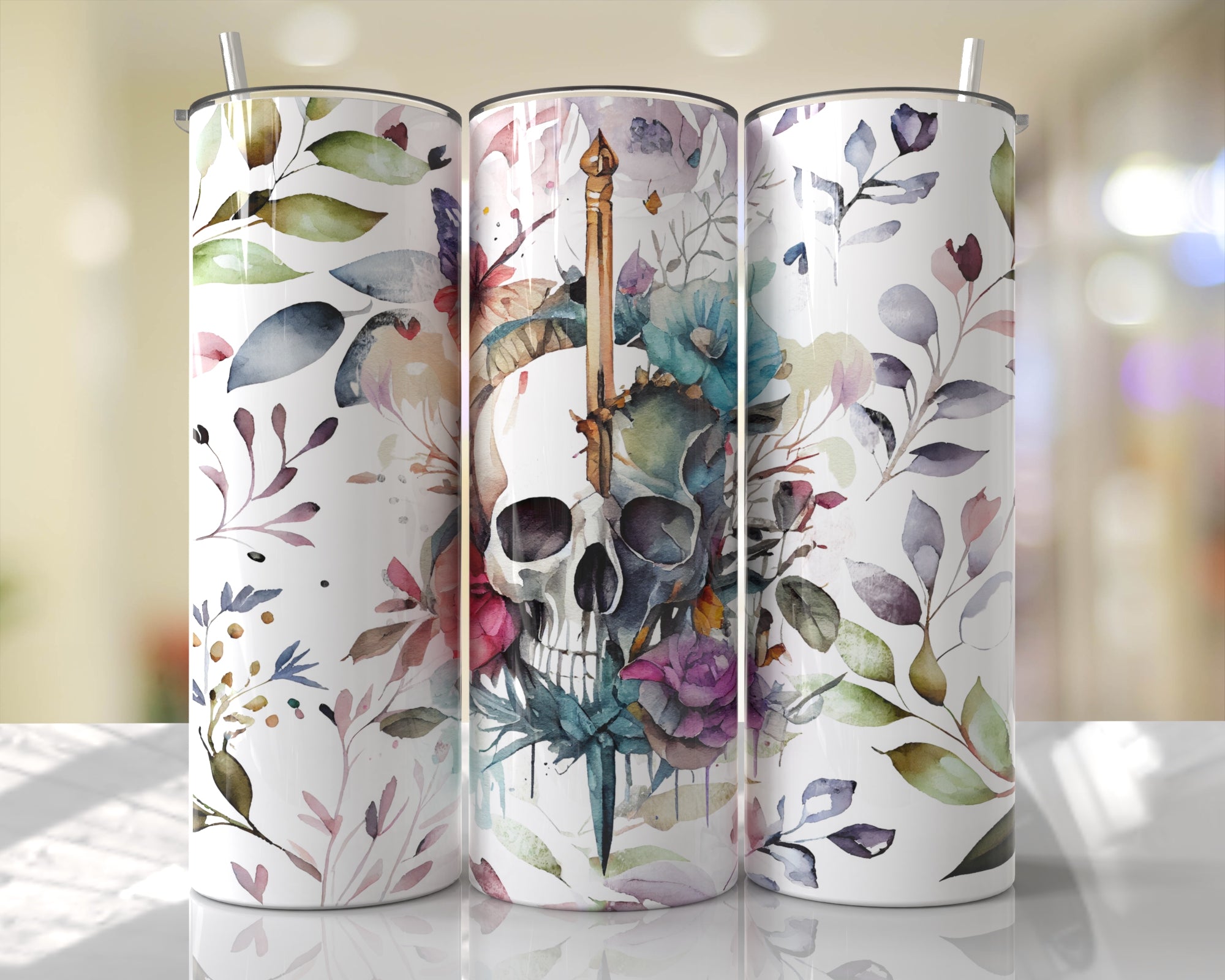 Floral Skull 20 oz insulated tumbler boxed gift with straw hot cold