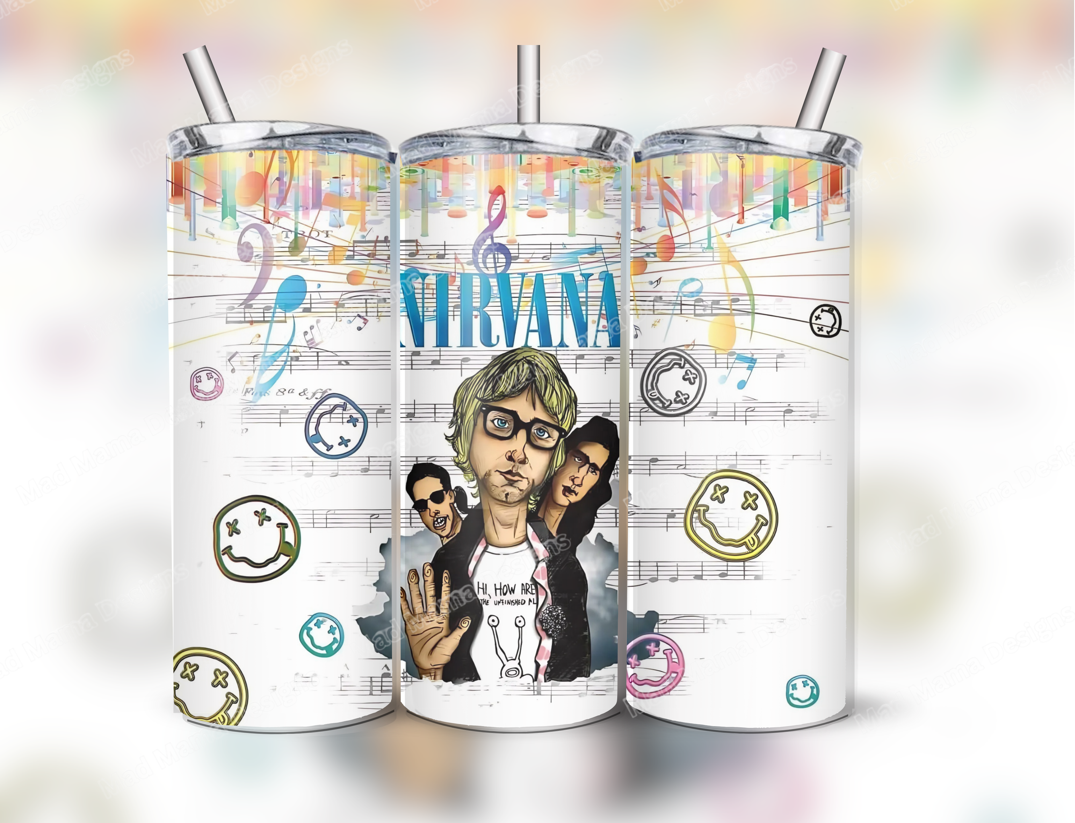 Nirvana Music note 20 oz Insulated Hot Cold Tumbler Lid Straw boxed Gift smiley