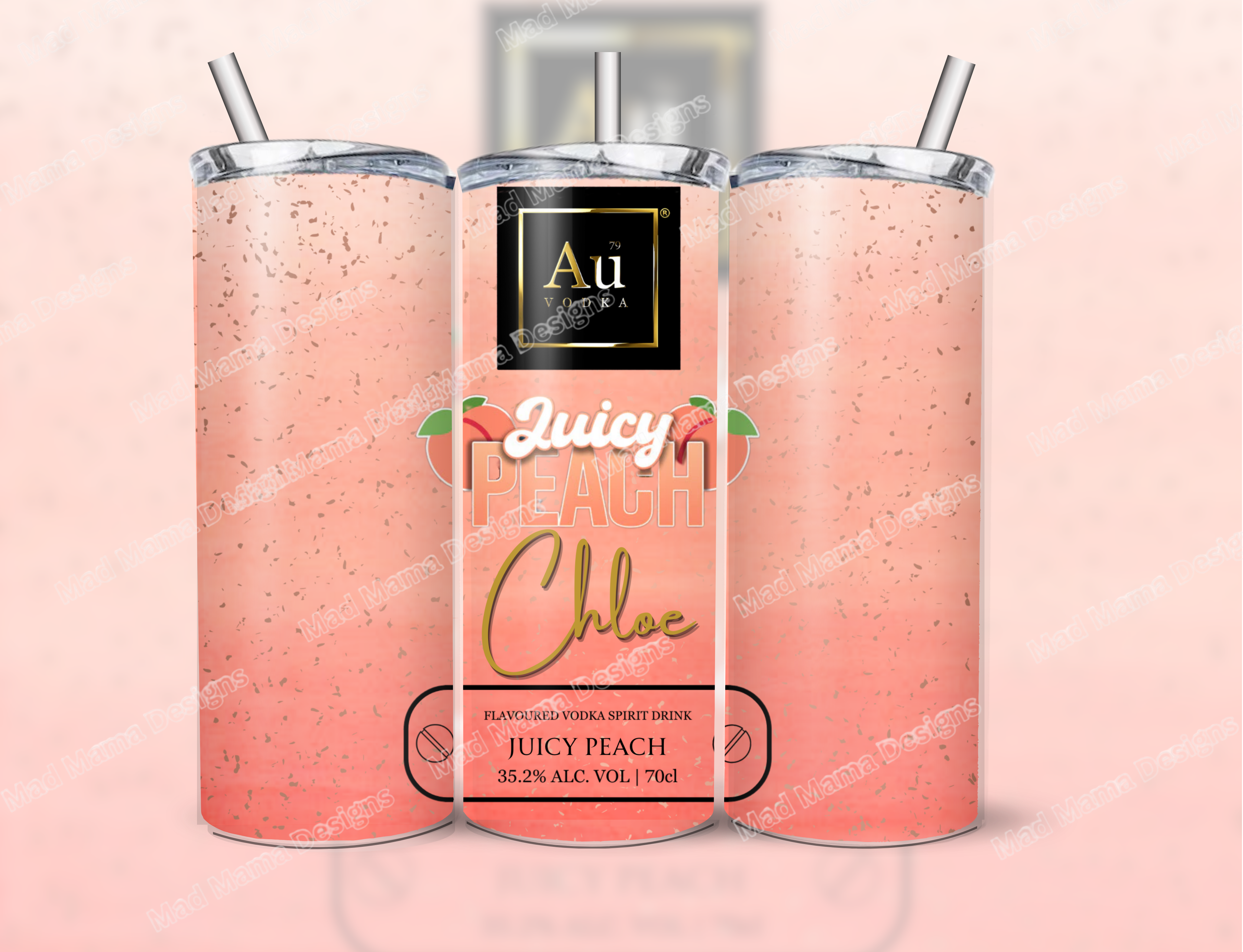 PERSONALISED Juicy Peach glitter AU VODKA 20oz SKINNY TUMBLER boxed insulated NEW