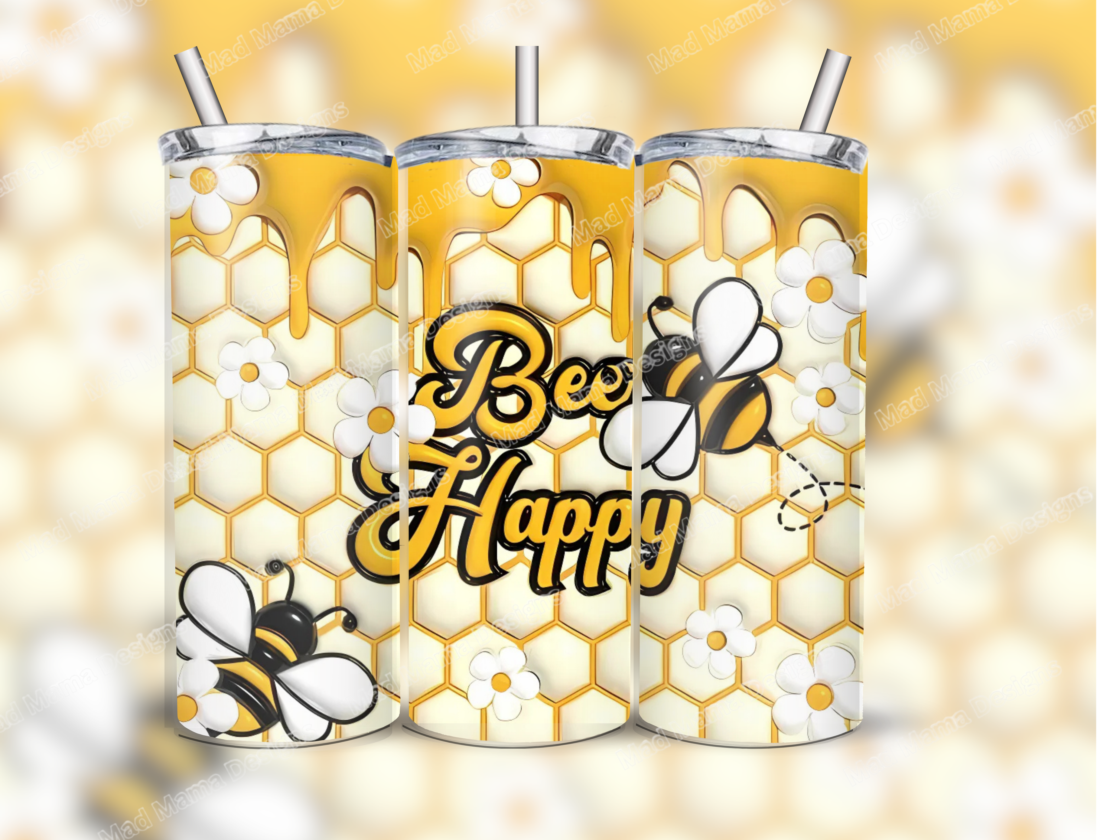 Bee Happy 3d effect 20oz Insulated Tumbler Hot or Cold Boxed Gift Straw Birthday