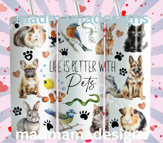Life is Better with Pets 20oz insulated tumbler cup hot cold boxed gift straw stainless steel