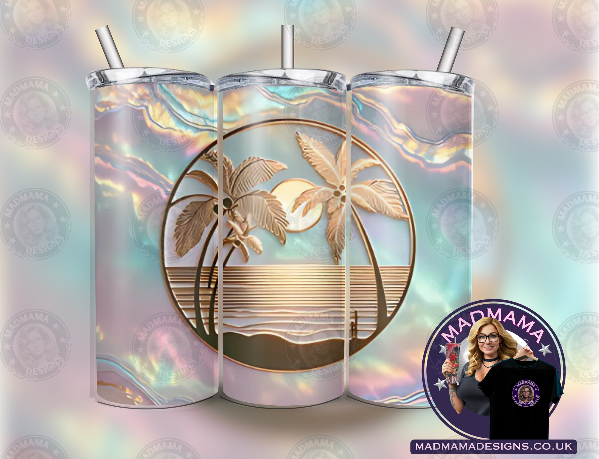 pearl palm trees 20 oz Insulated Tumbler Hot Cold boxed gift straw Birthday 3D effect
