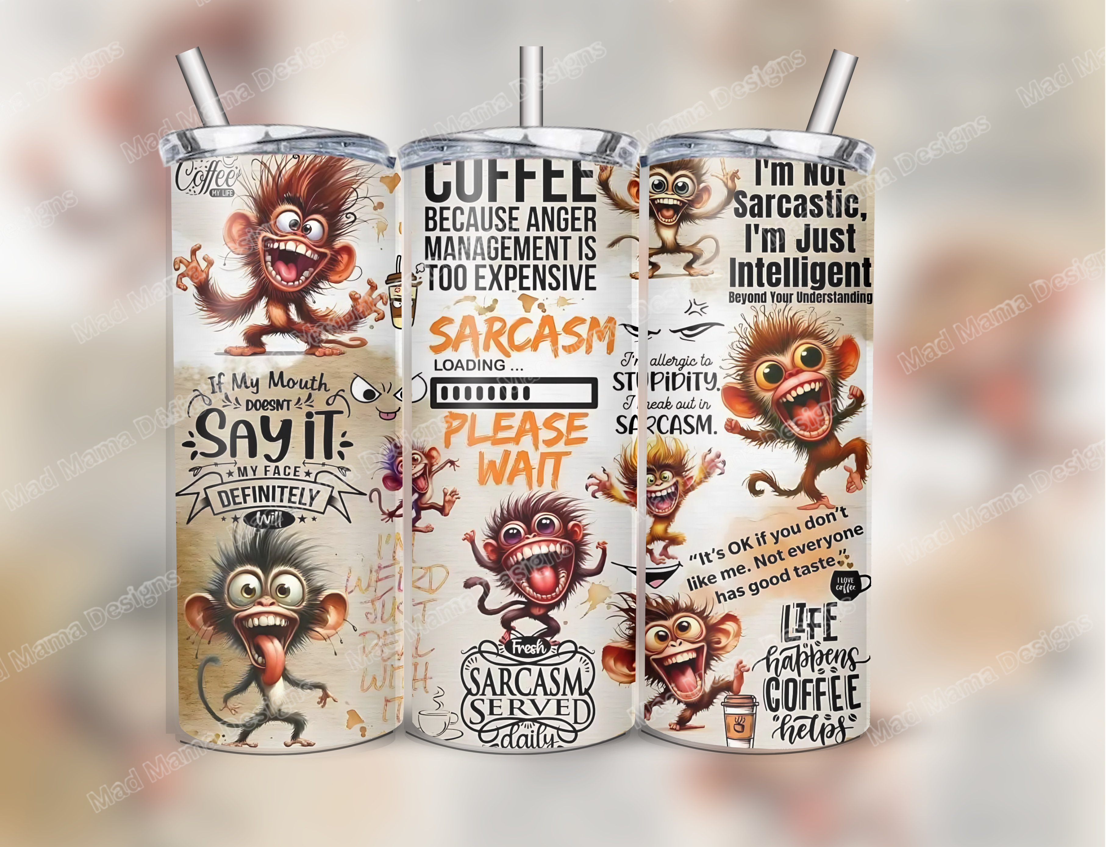 Sarcasm Coffee Monkey 20 oz Insulated Hot Cold Tumbler Lid Straw boxed Gift
